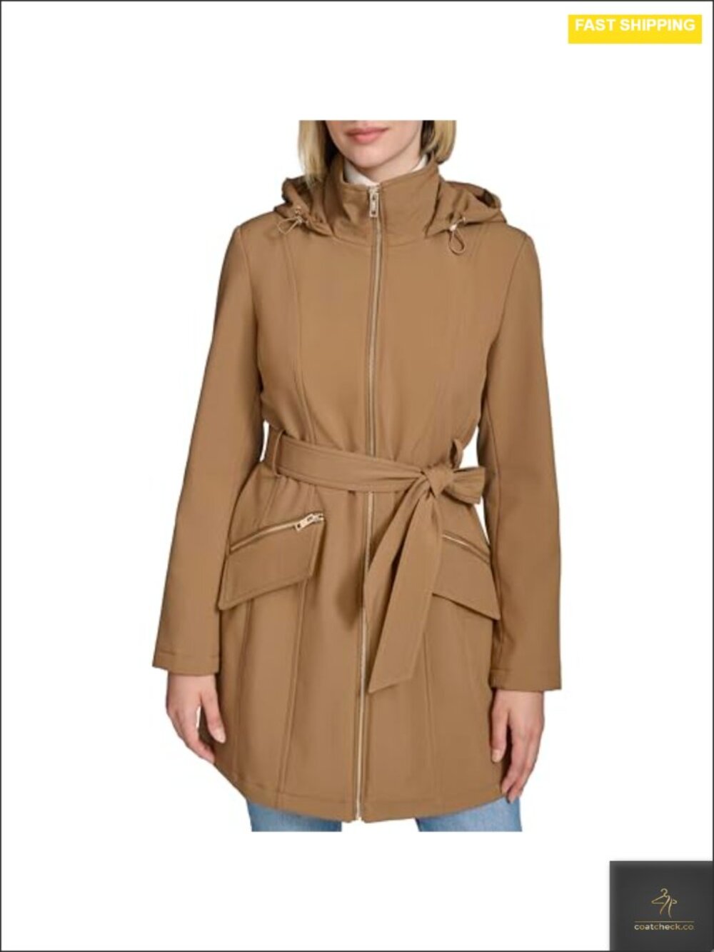 Women's Hooded Water-Resistant Belted Soft Shell Jacket